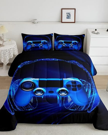 Feelyou Gamer Bedding Set Kids Video Game Gamepad Comforter Set for Boys Teens Gaming Headset Comforter Blue Game Controller Duvet Set Room Decor Quilt King Size Boys - LeafyLoom