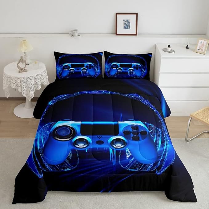 Feelyou Gamer Bedding Set Kids Video Game Gamepad Comforter Set for Boys Teens Gaming Headset Comforter Blue Game Controller Duvet Set Room Decor Quilt King Size Boys - LeafyLoom