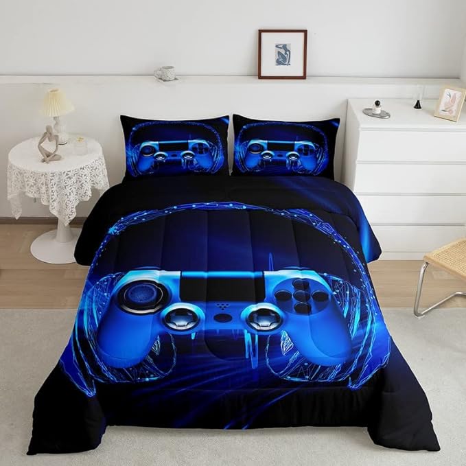 Gamer Bedding Set Kids Video Game Gamepad Comforter Set for Boys Teens Gaming Headset Comforter Breathable Blue Game Controller Duvet Set Room Decor Quilt Set Full Size - LeafyLoom