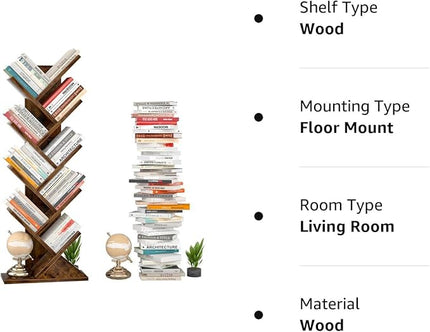 Topfurny Tree Bookshelf, 9-Tier Shelf Rustic Brown Bookcase, Retro Wood Storage Rack for CDs/Movies/Books, Anti-Fall Utility Organizer Shelves for Living Room, Bedroom, Home Office, Rustic - LeafyLoom