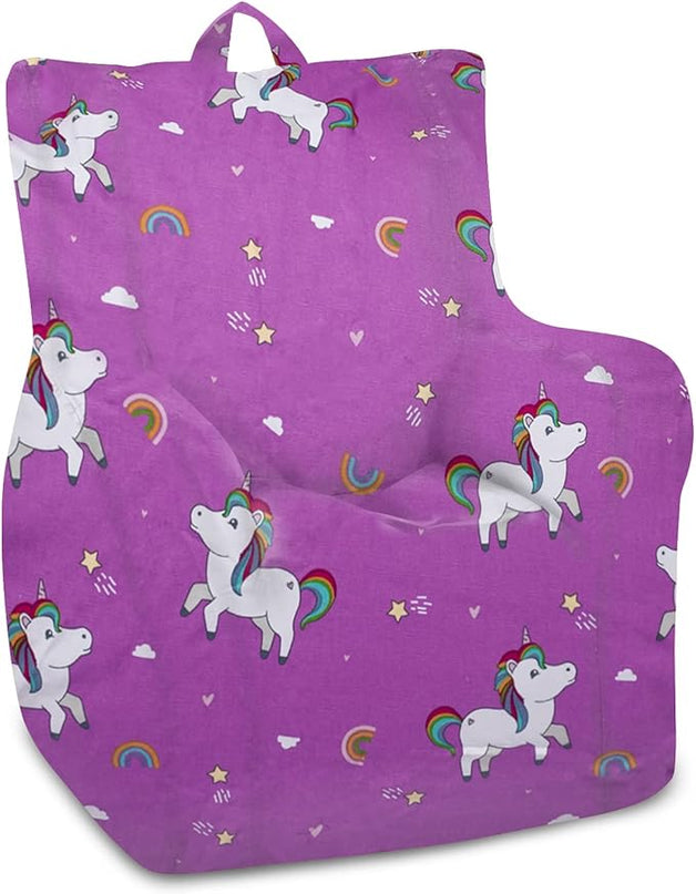 Posh Creations Structured Comfy Bean Bag Chair for Gaming, Reading, and Watching TV, Pasadena Chair, Canvas - Unicorn and Rainbows on Purple - LeafyLoom