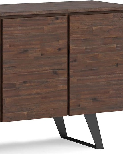 SIMPLIHOME Lowry SOLID ACACIA WOOD 66 Inch Wide Modern Industrial Large 4 Door Sideboard Buffet in Distressed Charcoal Brown, For the Dining Room and Kitchen - LeafyLoom
