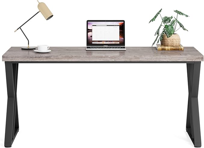 55 Inch Large Simple Industrial Computer Desk Study Writing Table Home Office Workstation,Grey - LeafyLoom