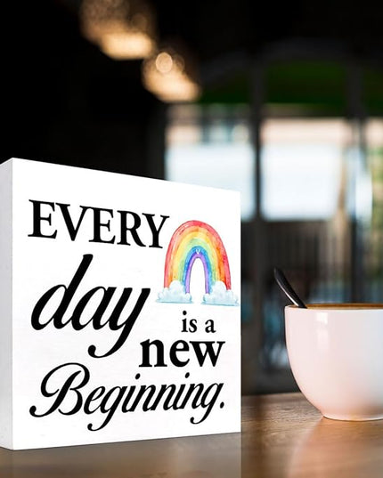 Positive Wood Box Sign Desk Decor,Every Day is a Fresh Beginning Wood Plaque Signs,Rustic Inspirational Wooden Block Sign Decor for Home Office Shelf Table Decoration C1076 - LeafyLoom