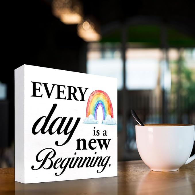Positive Wood Box Sign Desk Decor,Every Day is a Fresh Beginning Wood Plaque Signs,Rustic Inspirational Wooden Block Sign Decor for Home Office Shelf Table Decoration C1076 - LeafyLoom