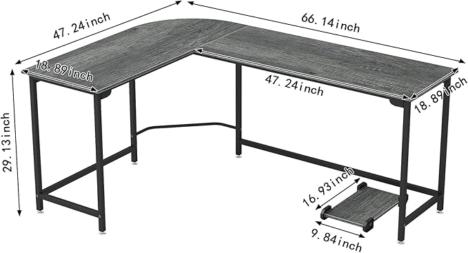 66 Inch L-Shaped Corner Computer Desk, Home Office Desk, Large Space Gaming Desk, Studying Writing Table Workstation, Gray - LeafyLoom
