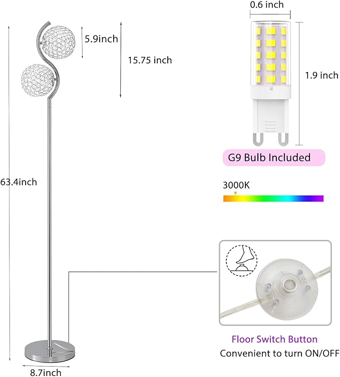 Crystal Floor Lamp, Elegant Standing Lamp, Modern Floor Lamp Chrome Finish Tall Pole Lamp, Modern Standing Lamp with On/Off Foot Switch for Living Room, Girl Bedroom, Dresser, Office, E26 Base - LeafyLoom
