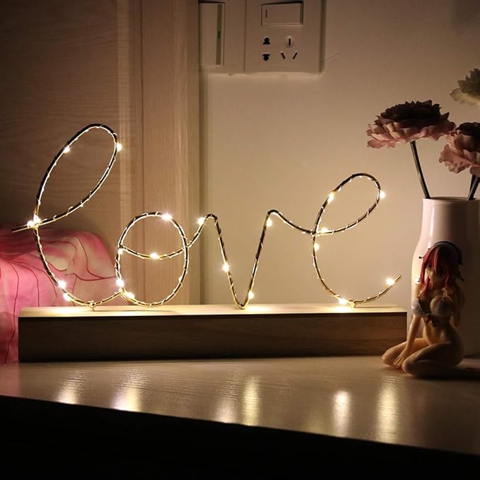 GUOCHENG Love Alphabet Letter Light Battery Operated LED Table Lamps Love Romantic Decorative Mood Lights Starry String Night Light, Wedding Christmas Bedroom Decor(Metal Love) - LeafyLoom