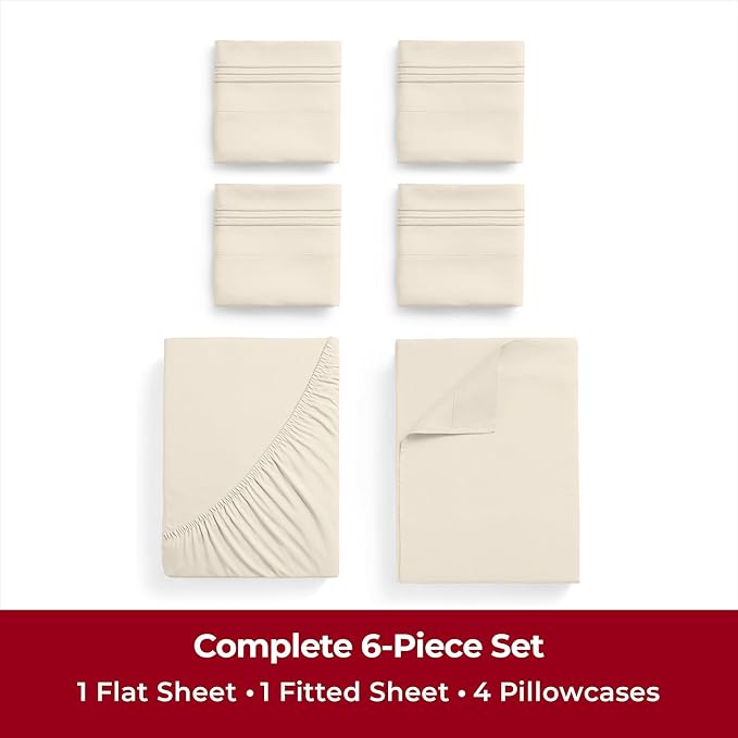 Mellanni Full Sheets Set - 6 PC Iconic Collection Bedding Sheets & Pillowcases - Luxury, Ultra Soft, Cooling Bed Sheets - Deep Pocket up to 16 inch - 6 PC (Full, Golden Ivory w/Extra Pillow Cases) - LeafyLoom
