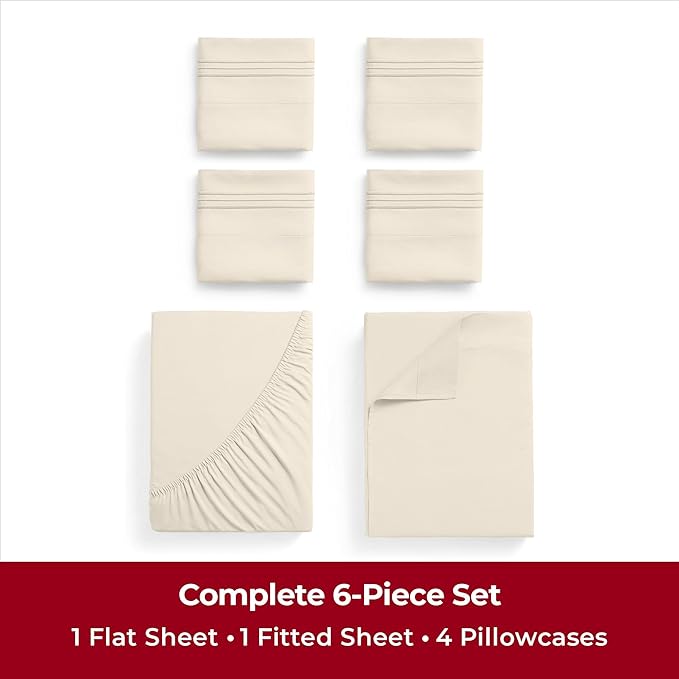 Mellanni King Sheets Set - 6 PC Iconic Collection Bedding Sheets & Pillowcases - Luxury, Ultra Soft, Cooling Bed Sheets - Deep Pocket up to 16 inch - 6 PC (King, Golden Ivory w/Extra Pillow Cases) - LeafyLoom