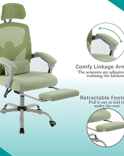 edx Ergonomic Office Chair, Reclining High Back Mesh Computer Desk Swivel Rolling Home Task Chair with Lumbar Support Pillow, Adjustable Headrest, Retractable Footrest and Padded Armrests, Green - LeafyLoom