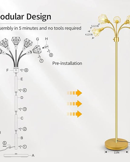 Gold Floor Lamp,Industrial Floor Lamps for Living Room,Tree Standing Lamp Bright with 5 Charm Diamond Head 2000 Lumens LED Bulbs,3 Way Switch,Modern Stand up Lamp for Bedroom Office Farmhouse - LeafyLoom