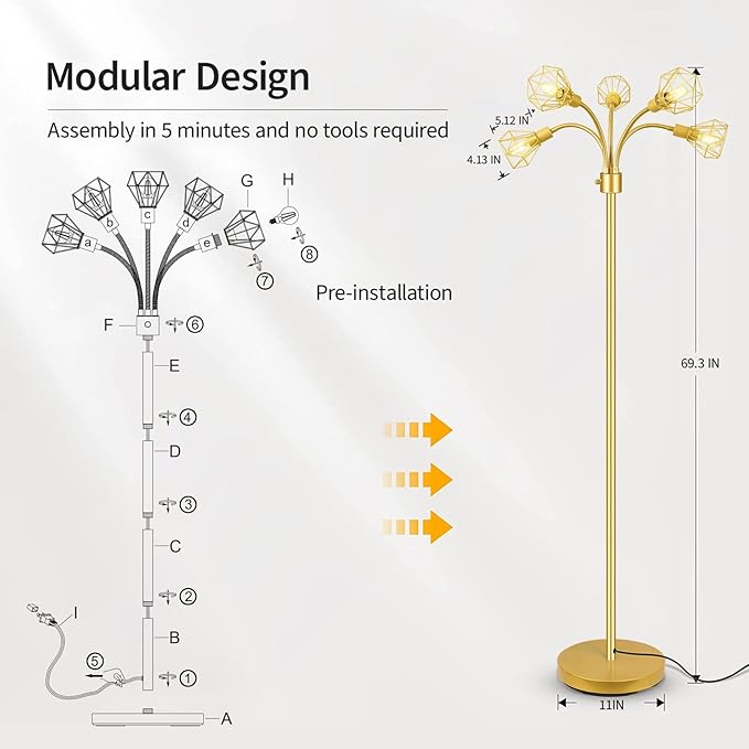Gold Floor Lamp,Industrial Floor Lamps for Living Room,Tree Standing Lamp Bright with 5 Charm Diamond Head 2000 Lumens LED Bulbs,3 Way Switch,Modern Stand up Lamp for Bedroom Office Farmhouse - LeafyLoom
