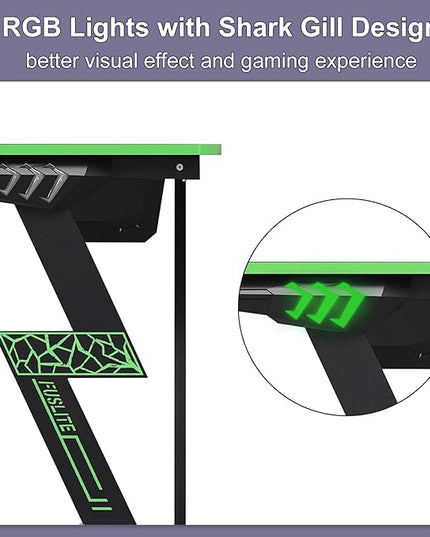 Gaming Desk 47 inch, PC Computer Desk RGB Light Gaming Table with Cup Holder, Earphone Hook, Power Strip Box, Green - LeafyLoom