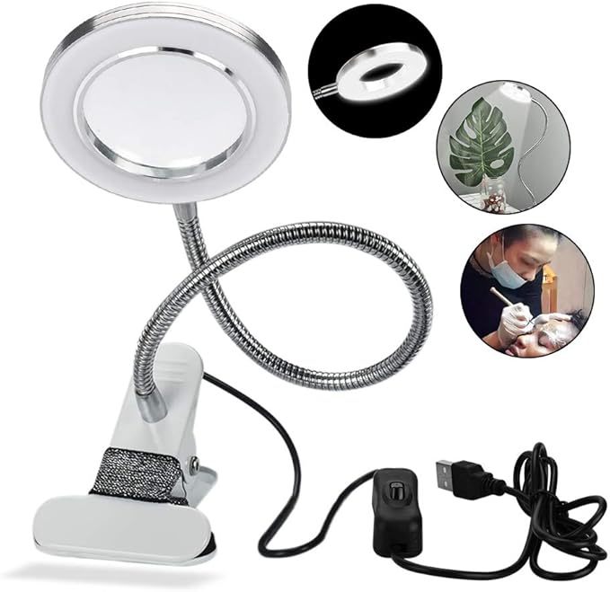 ATOMUS 2.5X Magnifying Lamp, LED USB Rechargeable Tattoo Beauty Magnifier Lamp with Metal Clip for Eyebrow Tattoo Manicure Eyelash Extension Read - LeafyLoom