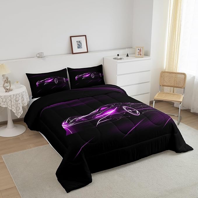 Feelyou Purple Race Car Bedding Set Twin Size for Kids Boys Extreme Sport Games Comforter Set Teens Toddler Fast and Furious Duvet Set Cool Modern Quilt Set 2Pcs - LeafyLoom