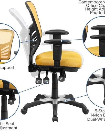 Flash Furniture Nicholas Mid-Back Yellow-Orange Mesh Multifunction Executive Swivel Ergonomic Office Chair with Adjustable Arms - LeafyLoom