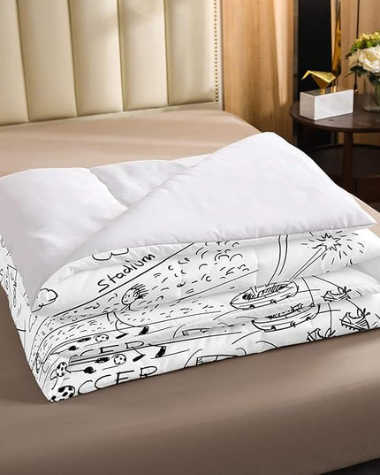Erosebridal Boys Football Comforter Set Queen Hand Drawn Soccer Bedding Set for kids teen men Sports Games down comforter Black White Sketch Quilt Duvet Insert 1 Comforter with 2 Pillow Cases - LeafyLoom