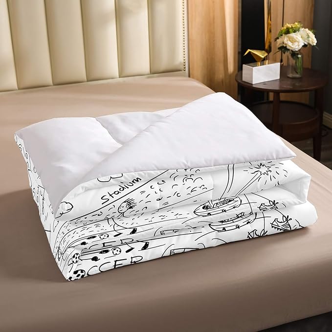 Erosebridal Boys Football Comforter Set Queen Hand Drawn Soccer Bedding Set for kids teen men Sports Games down comforter Black White Sketch Quilt Duvet Insert 1 Comforter with 2 Pillow Cases - LeafyLoom