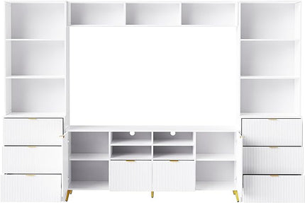 Merax 4-Piece Entertainment Wall Unit with 13 Shelves, 8 Drawers, and 2 Cabinets, Multifunctional TV Stand Media Storage Cabinet with Fluted Line Surface for Living Room, White - LeafyLoom