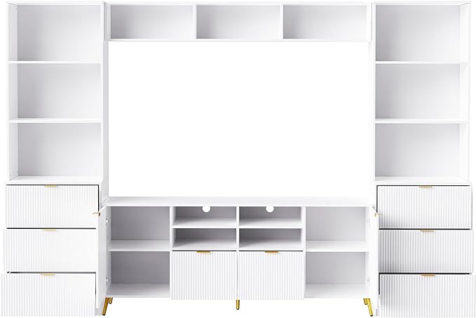 Merax 4-Piece Entertainment Wall Unit with 13 Shelves, 8 Drawers, and 2 Cabinets, Multifunctional TV Stand Media Storage Cabinet with Fluted Line Surface for Living Room, White - LeafyLoom