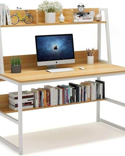 Tribesigns Computer Desk with Hutch, 47 inches Home Office Desk with Space Saving Design with Bookshelf for Small Spaces (Light Walnut, 47) - LeafyLoom