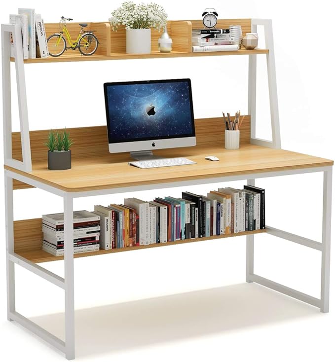 Tribesigns Computer Desk with Hutch, 47 inches Home Office Desk with Space Saving Design with Bookshelf for Small Spaces (Light Walnut, 47) - LeafyLoom