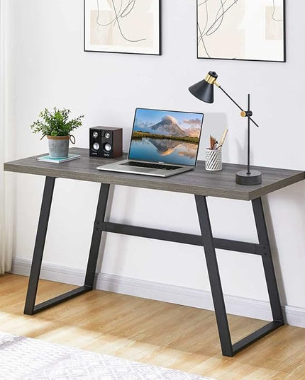 BON AUGURE 55 inch Modern Writing Desk, Rustic Computer Desk for Home Office, Sturdy Simple Wood and Metal Desk, Industrial Work Study Table (Dark Grey Oak) - LeafyLoom