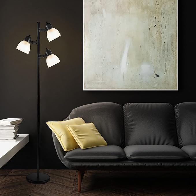 Globe Electric 12719 Life 63" 3-Light Floor Lamp, Matte Plastic, LED Bulbs Included, Black with Frosted Shade - LeafyLoom