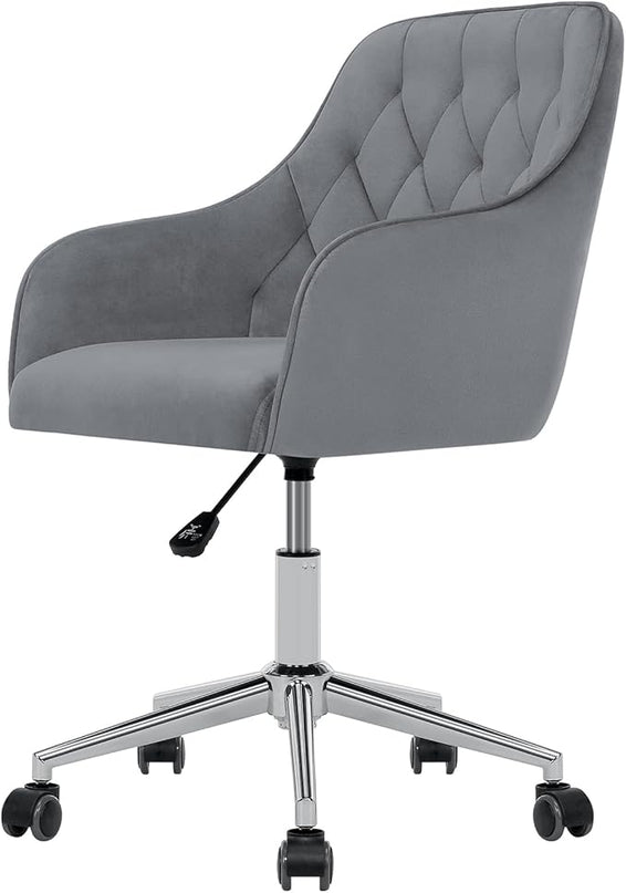 Velvet Desk Chair Vanity Chair for Makeup with Wheels and Back Home Office Chair Adjustable Rolling Swivel Chair for Bedroom Vanity Room Grey - LeafyLoom