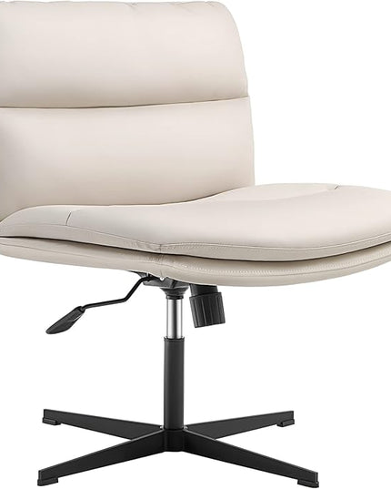 EMIAH Armless Office Desk Chair No Wheels PU-Padded Vanity Mid-Back Ergonomic Home Computer Comfortable Adjustable Swivel Task Chair with Thickened Cushion - LeafyLoom