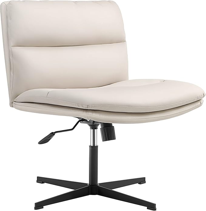 EMIAH Armless Office Desk Chair No Wheels PU-Padded Vanity Mid-Back Ergonomic Home Computer Comfortable Adjustable Swivel Task Chair with Thickened Cushion - LeafyLoom