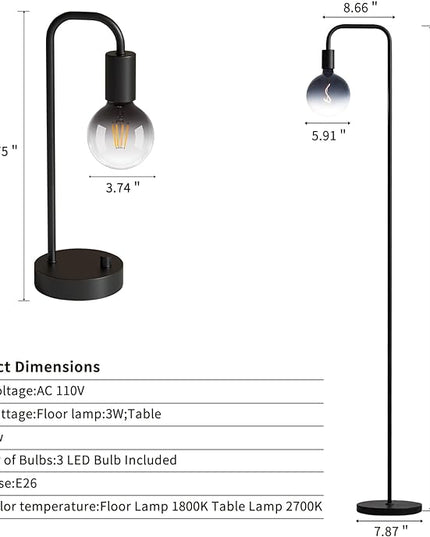 Industrial Lamp Set 3 Piece-1 Floor Lamp and 2 Dimmable Table Lamp- 3 Pack Modern Matching Floor and Table Lamp with Gradient Black Globe Bulb for Living Room,Bedroom(Bulb Included) - LeafyLoom