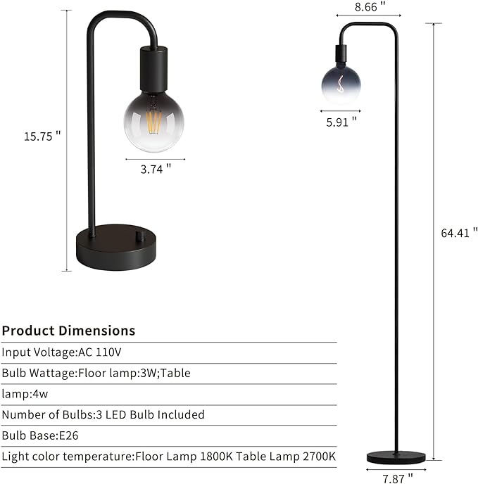 Industrial Lamp Set 3 Piece-1 Floor Lamp and 2 Dimmable Table Lamp- 3 Pack Modern Matching Floor and Table Lamp with Gradient Black Globe Bulb for Living Room,Bedroom(Bulb Included) - LeafyLoom