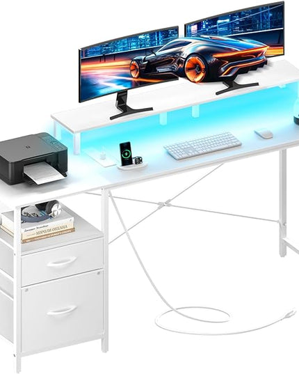Yoobure Computer Desk, Office Desk with LED Lights & Power Outlets, Gaming Desk with Fabric File Cabinet, 55.1" Home Office Desks， Writing Desk with Drawers, Computer Table with Long Monitor Stand - LeafyLoom