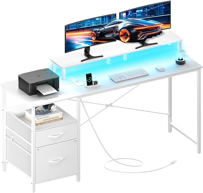 Yoobure Computer Desk, Office Desk with LED Lights & Power Outlets, Gaming Desk with Fabric File Cabinet, 55.1" Home Office Desks, Writing Desk with Drawers, Computer Table with Long Monitor Stand - LeafyLoom