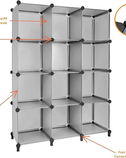 Gold Armour Cube Storage 12-Cube Bookshelf Closet Organizer Storage Shelves Cubes Organizer Plastic Square Book Shelf Bookcase DIY Closet Cabinet Organizer Shelving for Home Office Bedroom (Grey) - LeafyLoom