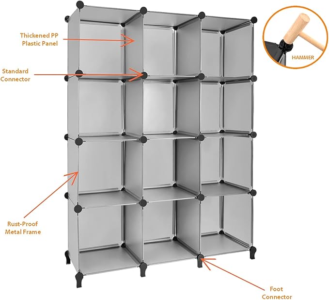 Gold Armour Cube Storage 12-Cube Bookshelf Closet Organizer Storage Shelves Cubes Organizer Plastic Square Book Shelf Bookcase DIY Closet Cabinet Organizer Shelving for Home Office Bedroom (Grey) - LeafyLoom