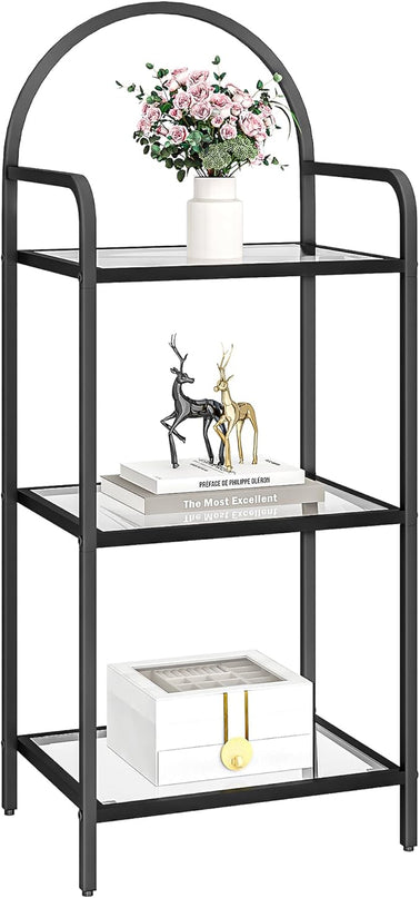 Bookcase Bookshelf, Tempered Glass Bookshelves, Slim Shelving Unit for Bedroom, Bathroom, Home Office, Steel Frame, 3 Tier Black BC10301B - LeafyLoom