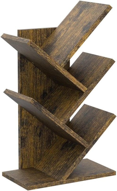 Hoctieon 4 Tier Tree Bookshelf, 4 Shelf Bookcase, Modern Book Storage, Free Standing Tree Bookcase, Utility Organizer Shelves for Home Office, Living Room, Bedroom, Rustic Brown - LeafyLoom