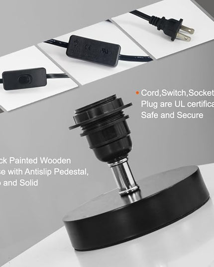 Table Lamp, Bedside Nightstand Lamp, Simple Desk Lamp, Fabric Wooden Table Lamp for Bedroom Living Room Office Study, Cylinder Black Base - LeafyLoom