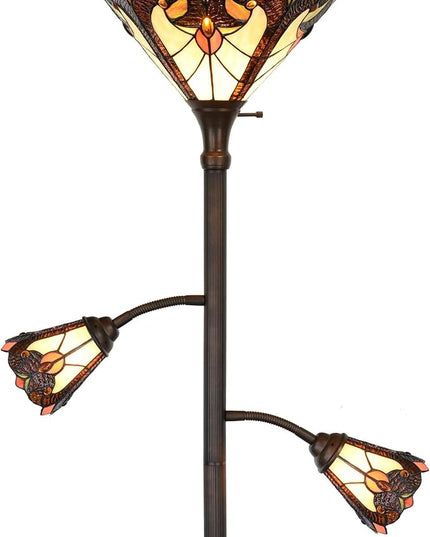 Bieye L10839 Baroque Tiffany Style Stained Glass Torchiere Floor Lamp with Sidelights for Reading, 70-inches Tall (Baroque, Brown) - LeafyLoom