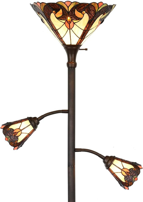 Bieye L10839 Baroque Tiffany Style Stained Glass Torchiere Floor Lamp with Sidelights for Reading, 70-inches Tall (Baroque, Brown) - LeafyLoom