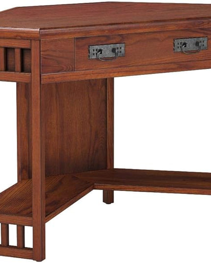 Leick Home 82430 Mission Corner Desk, Writing Computer Desk with Drop Front Keyboard Drawer, for Home Office, Solid Wood, Mission Oak - LeafyLoom