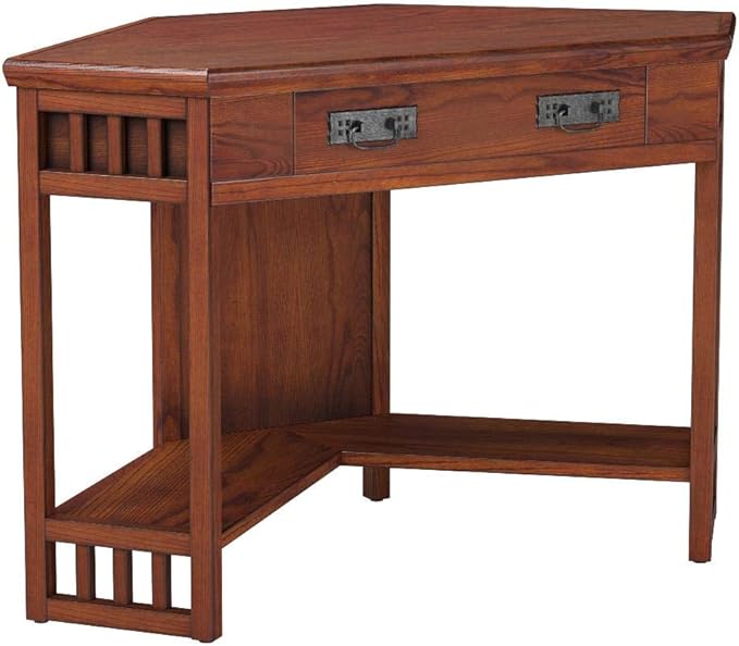 Leick Home 82430 Mission Corner Desk, Writing Computer Desk with Drop Front Keyboard Drawer, for Home Office, Solid Wood, Mission Oak - LeafyLoom