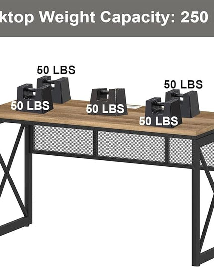 BON AUGURE Farmhouse Computer Desk, Modern Industrial Home Office Desk, Wood Metal Study Writing Table, Sturdy Gaming Desk (Vintage Oak, 54 Inch) - LeafyLoom