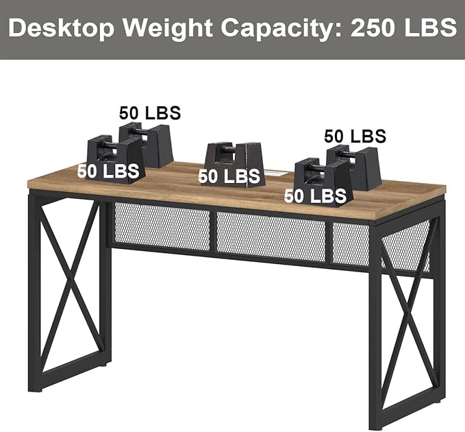 BON AUGURE Farmhouse Computer Desk, Modern Industrial Home Office Desk, Wood Metal Study Writing Table, Sturdy Gaming Desk (Vintage Oak, 54 Inch) - LeafyLoom