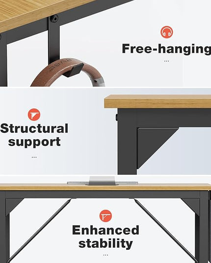 OLIXIS Computer Small Desk 32 Inch Home Office Writing Study Work Storage Bag Headphone Hooks Simple Wood Kids Student Table, Modern Nature - LeafyLoom