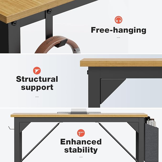 OLIXIS Computer Small Desk 32 Inch Home Office Writing Study Work Storage Bag Headphone Hooks Simple Wood Kids Student Table, Modern Nature - LeafyLoom