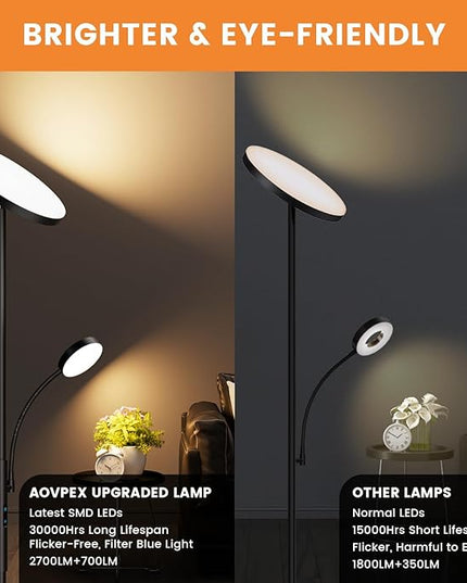 Upgraded Torchiere Floor Lamps with Reading Light, Super Bright Floor Lamps, Dimmable 3000K-6000K LED Sky Standing Lamp, Tall Lamp with Remote & Touch Control for Living Room Bedroom Office - LeafyLoom